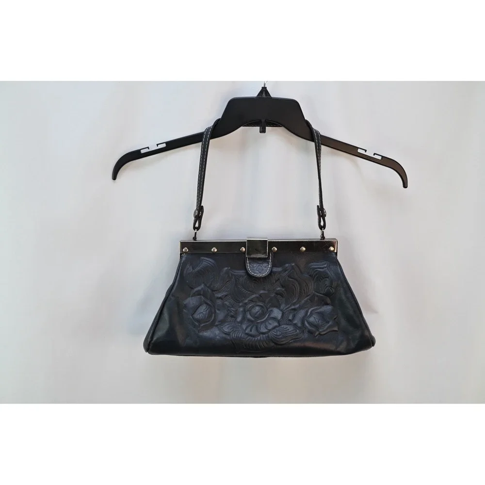 Patricia Nash Navy Italian Leather Floral Embossed Shoulder Bag Silver Hardware